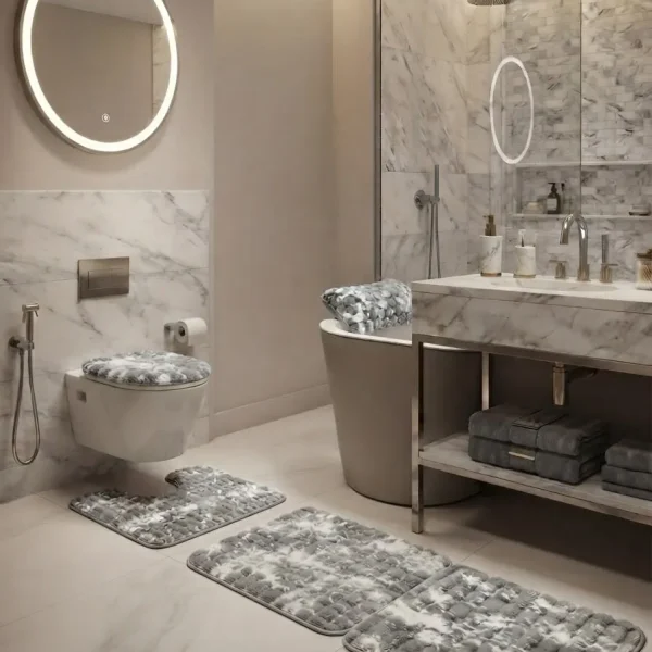 Ensemble de Tapis de Bain 3 Pièces – Motif Effet Marbre Marron et Blanc