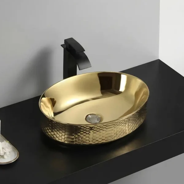 Un bassin en céramique minimaliste avec une forme ovale