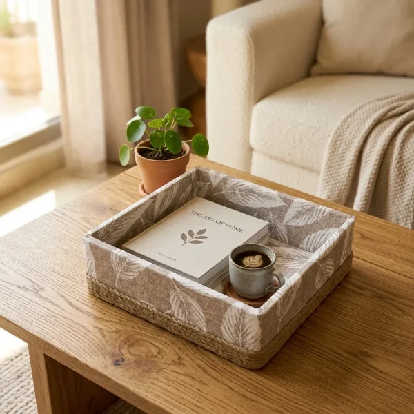 Plateau de Rangement Carré – Motif Feuilles Naturelles & Finition Corde