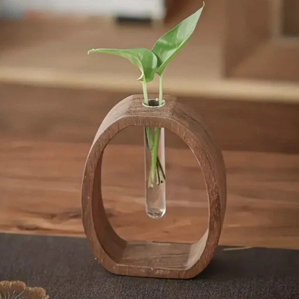 Vase Élégant en Bois de Noyer avec Tube en Verre